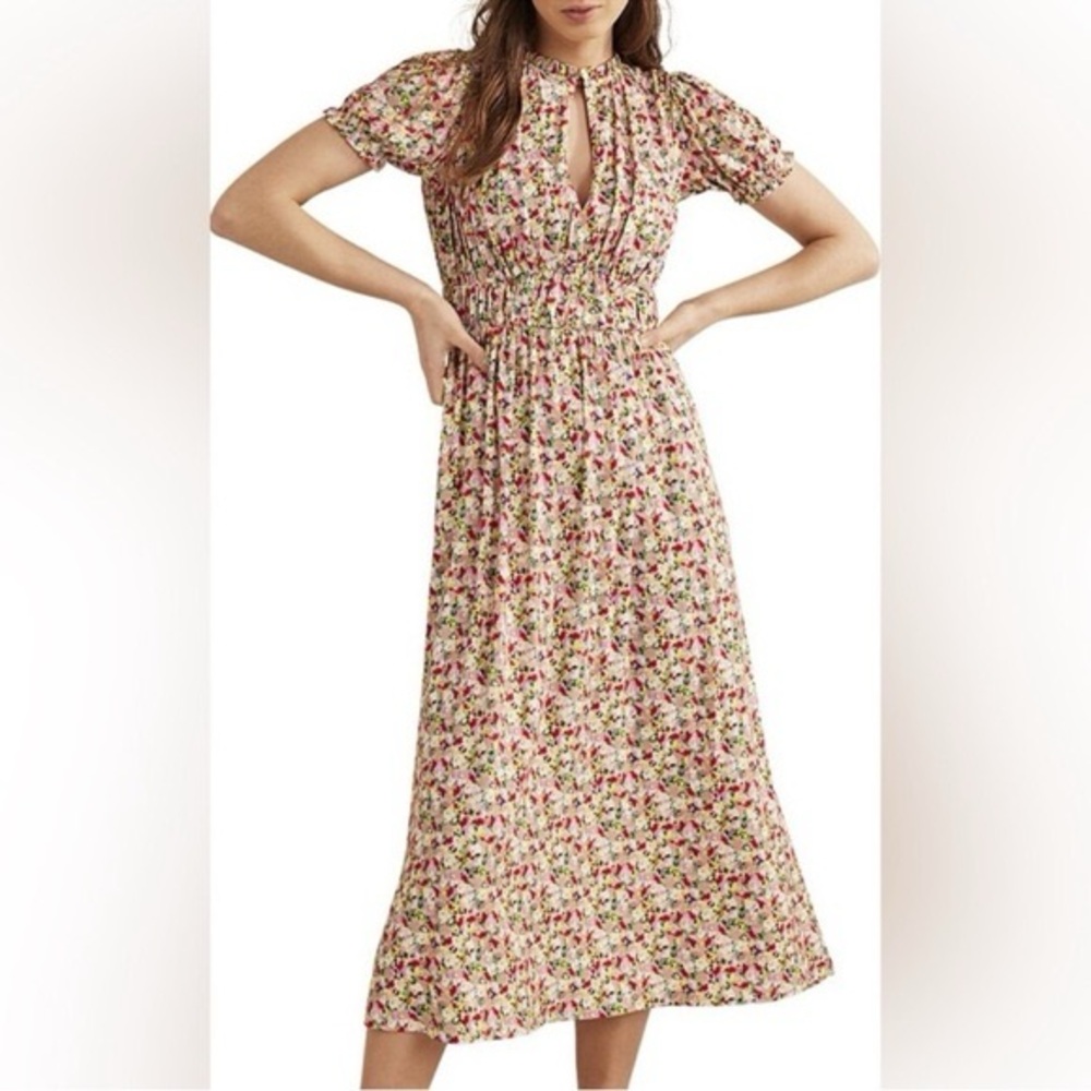 Boden Floral Midi Dress in Cream with Pink and Green Accents
